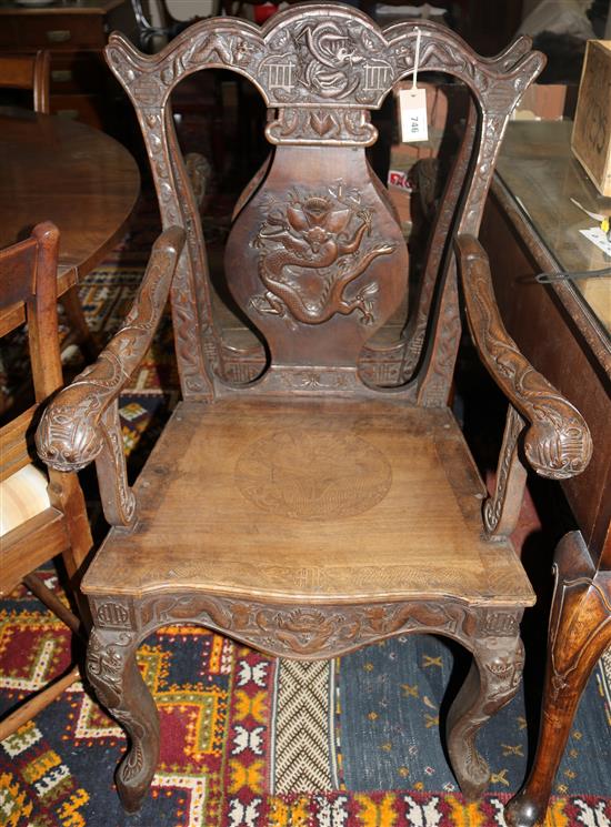 A pair of Burmese export hardwood elbow chairs, late 19th century,